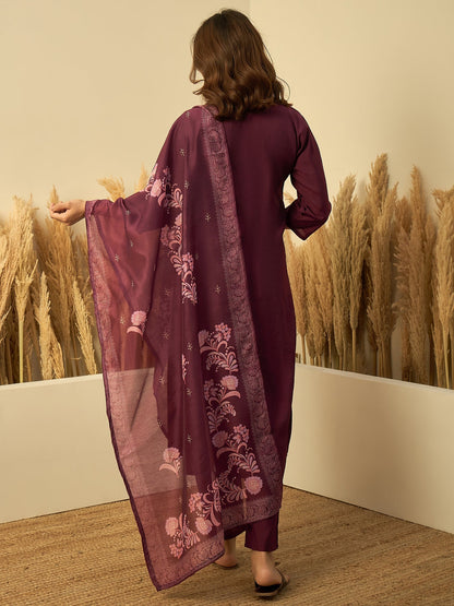 Dhiyona VV Wine Womens Traditional Kurta Pant Set with Dupatta