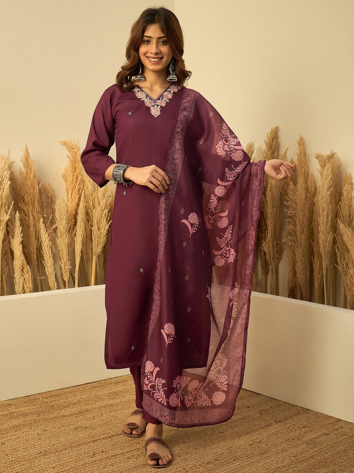 Dhiyona VV Wine Womens Traditional Kurta Pant Set with Dupatta