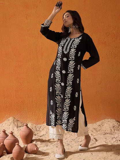 Indyancart IE Floral Embroidered Straight Kurta