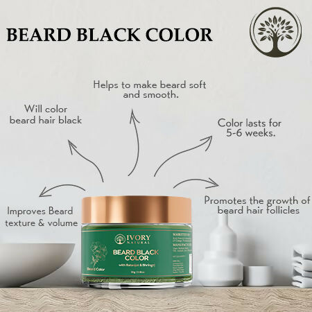 Ivory Natural beard color powder in black, organic plant-based formula, natural ivory color, applied on a beard for a natural look.