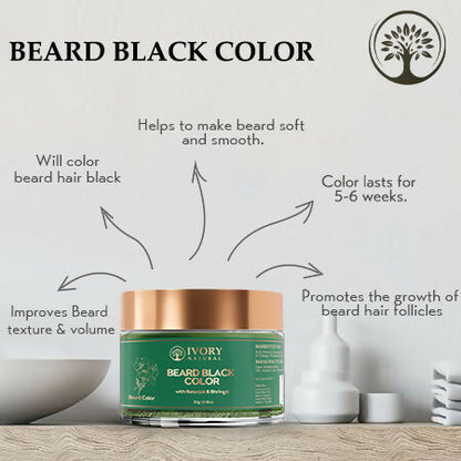 Ivory Natural beard color powder in black, organic plant-based formula, natural ivory color, applied on a beard for a natural look.