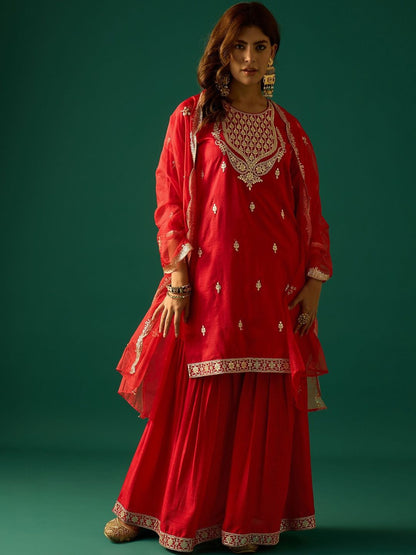 Indyancart VA Ethnic Motifs Embroidered Zari Kurta With Sharara & Dupatta