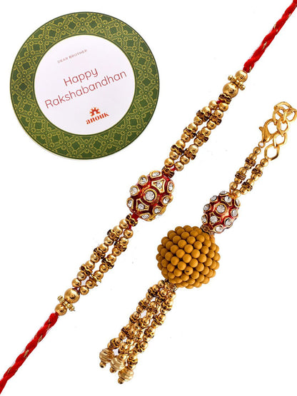 Anouk Gold-Toned Rudraksha Beaded Bhaiya Bhabhi Rakhi With Roli Chawal & Greeting Card
