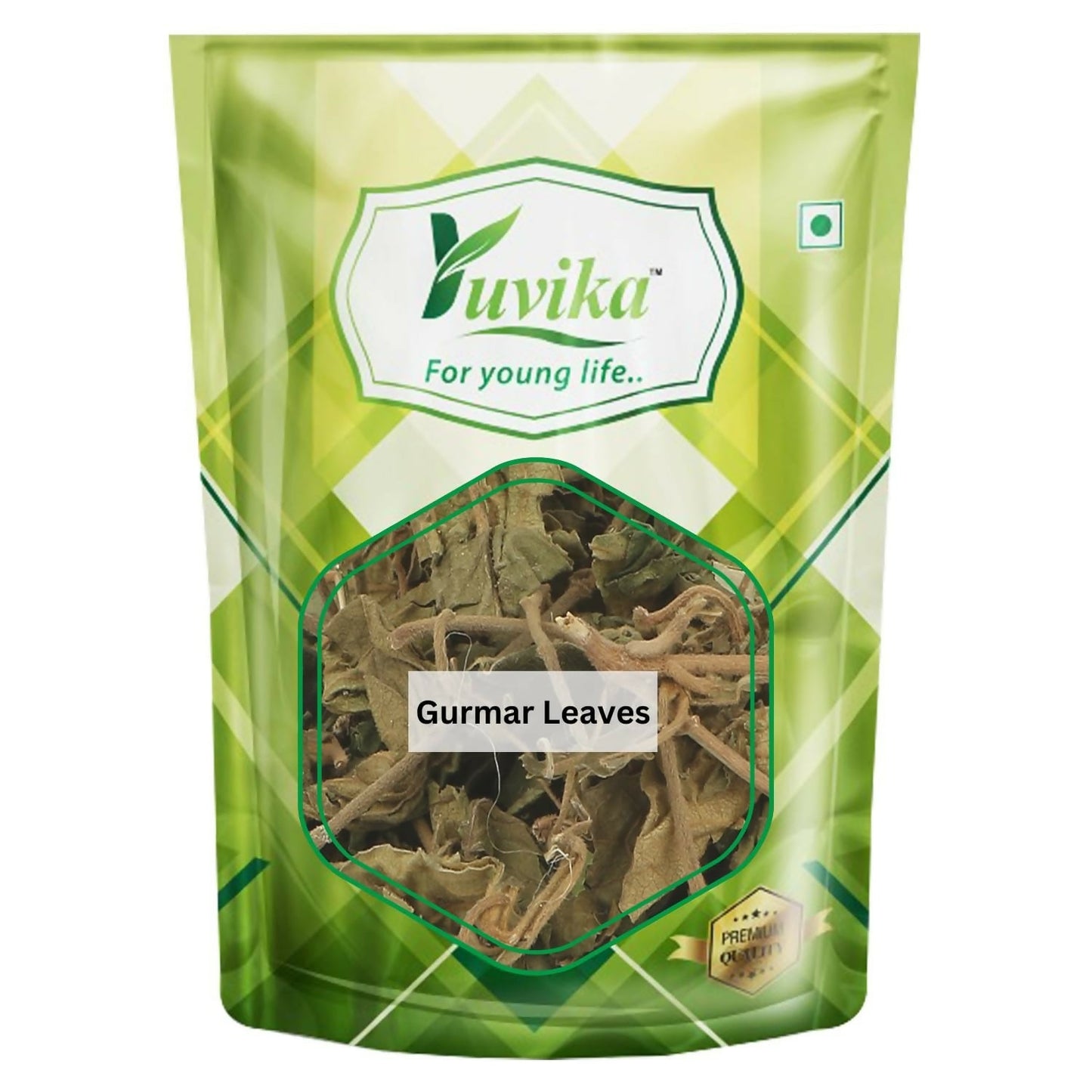 Yuvika Gurmar Leaves (Gymnema Sylvestre), Ayurvedic herb shown in a close-up image with green leaves and natural plant details.