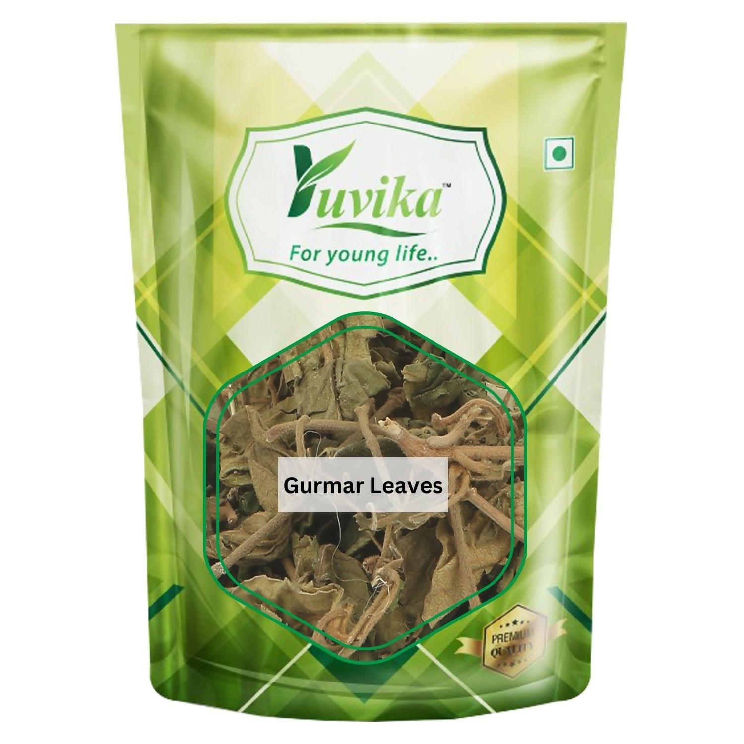 Yuvika Gurmar Leaves (Gymnema Sylvestre), Ayurvedic herb shown in a close-up image with green leaves and natural plant details.