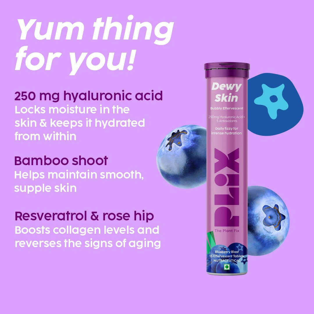 PLIX The Plant Fix Dewy Skin Hyaluronic Acid Effervescent Tablets For Radiant Skin - Blueberry - Indyancart