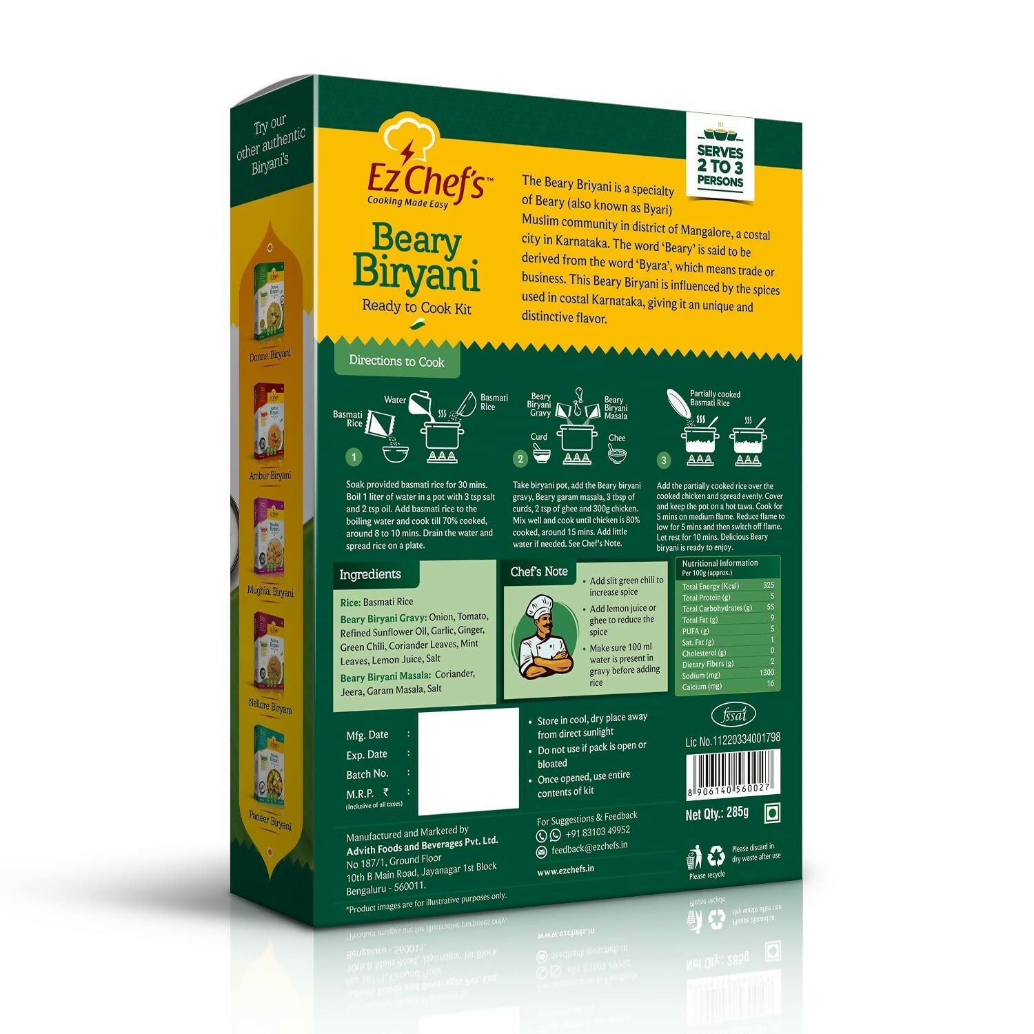 Ez Chef's Beary Biryani Kit with Mangalore's famous Biryani masala, displayed in a colorful packaging with spice blends and ingredients.
