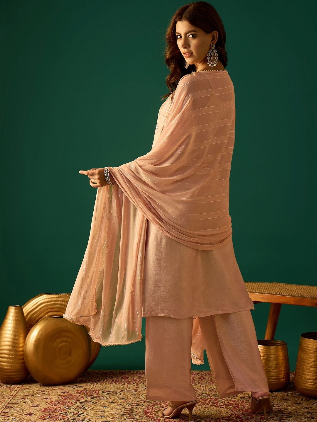 Indyancart VA Women Embroidered Regular Beads and Stones Kurta with Palazzos & Dupatta