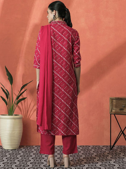 Indyancart SN Women's Bandhani Printed V-Neck Pleated Pure Cotton Straight Kurta With Trouser & Dupatta