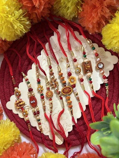 Anouk Set Of 10 Multicolor Designer Thread Rakhi With Roli Chawal Chandan Mishri