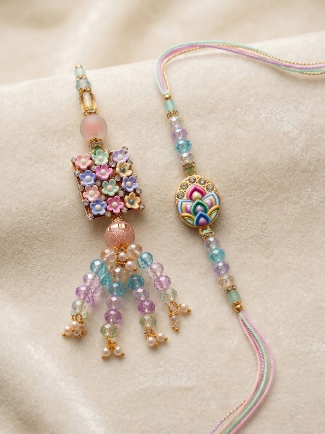 Anouk Set Of 2 Artificial Beads Traditional Bhaiya Bhabhi Rakhi With Roli Chawal Chandan