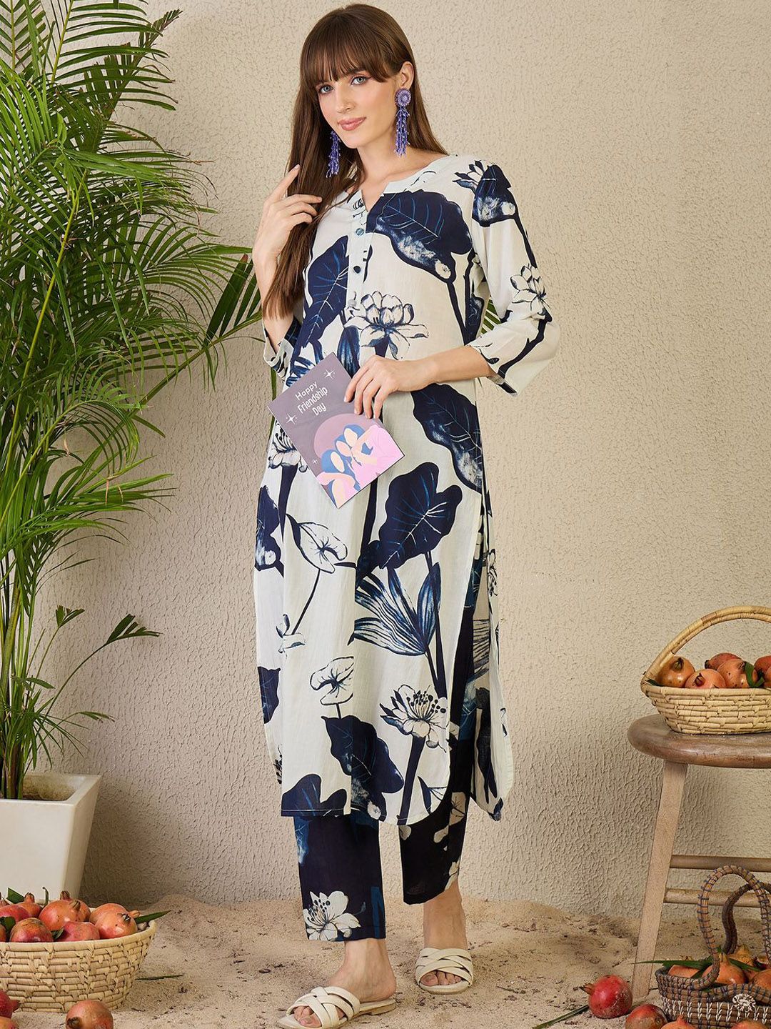 Indyancart IE Printed Notch Neck Straight Pure Cotton Tunic & Trousers
