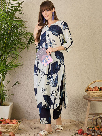 Indyancart IE Printed Notch Neck Straight Pure Cotton Tunic & Trousers