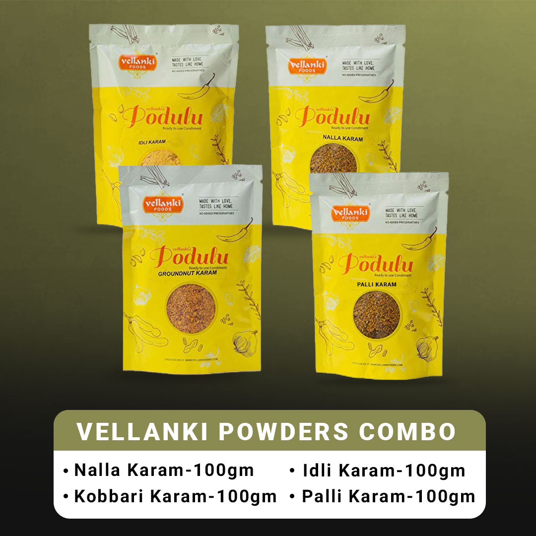 Vellanki Foods chutney powders 4-pack including Nalla Karam, Idli Karam, Kobbari Karam, and Palli Karam in 250g packets.