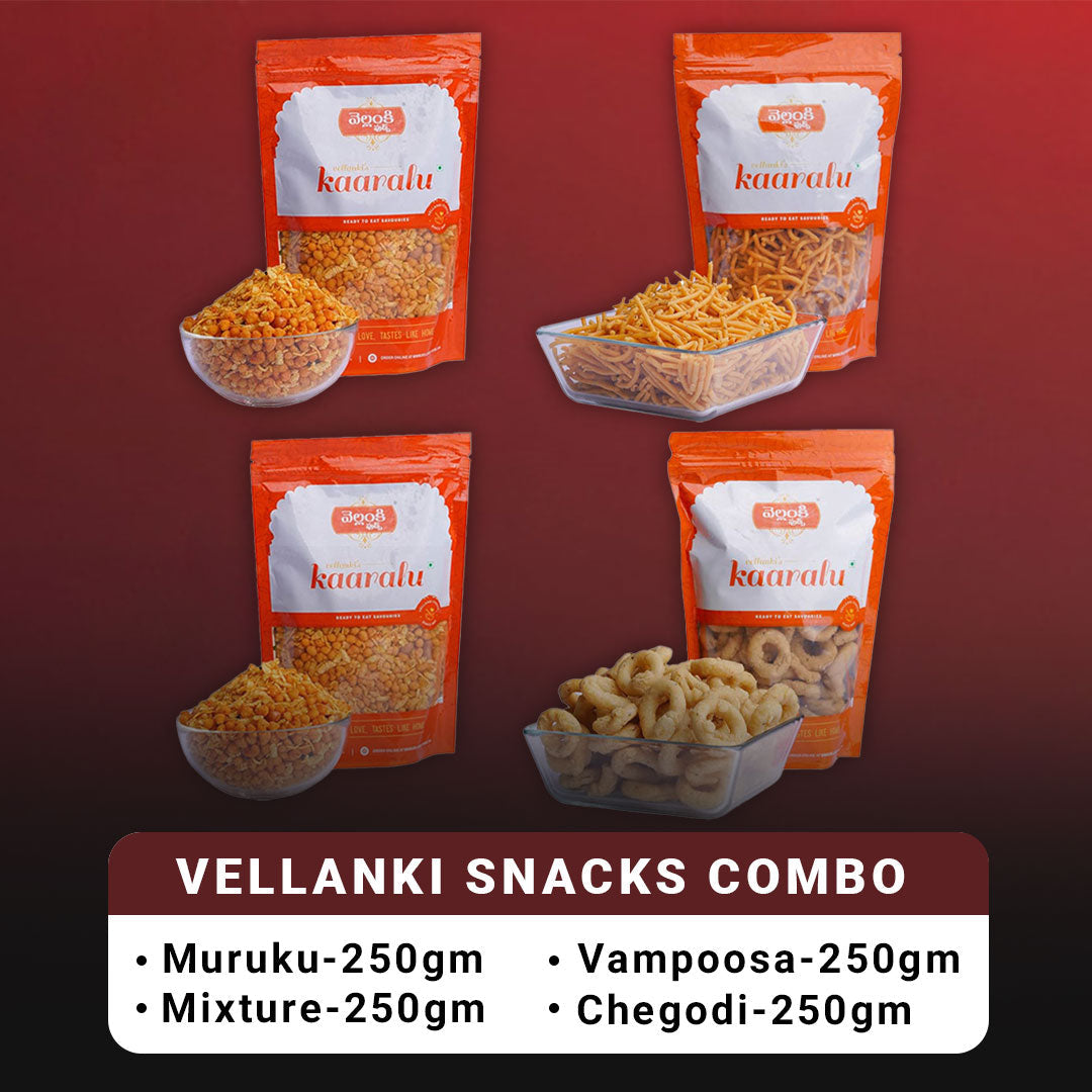 Vellanki Foods Namkeen Combo Pack featuring Muruku, Chegodi, Vampoosa, and Mixture in 250g packs, North Indian snack assortment.