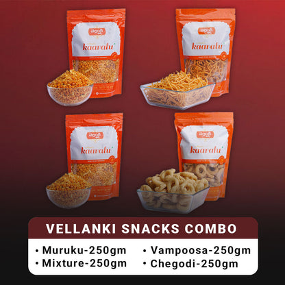 Vellanki Foods Namkeen Combo Pack featuring Muruku, Chegodi, Vampoosa, and Mixture in 250g packs, North Indian snack assortment.