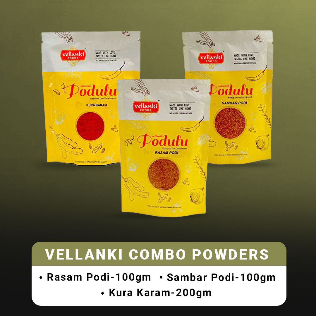 Vellanki Foods combo of rasam podi, sambar podi, and kura karam masala powders in 250g packs, traditional Indian spice blends
