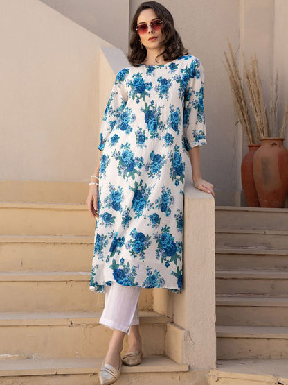 Women Floral Printed Beads and Stones Kurta with Trousers