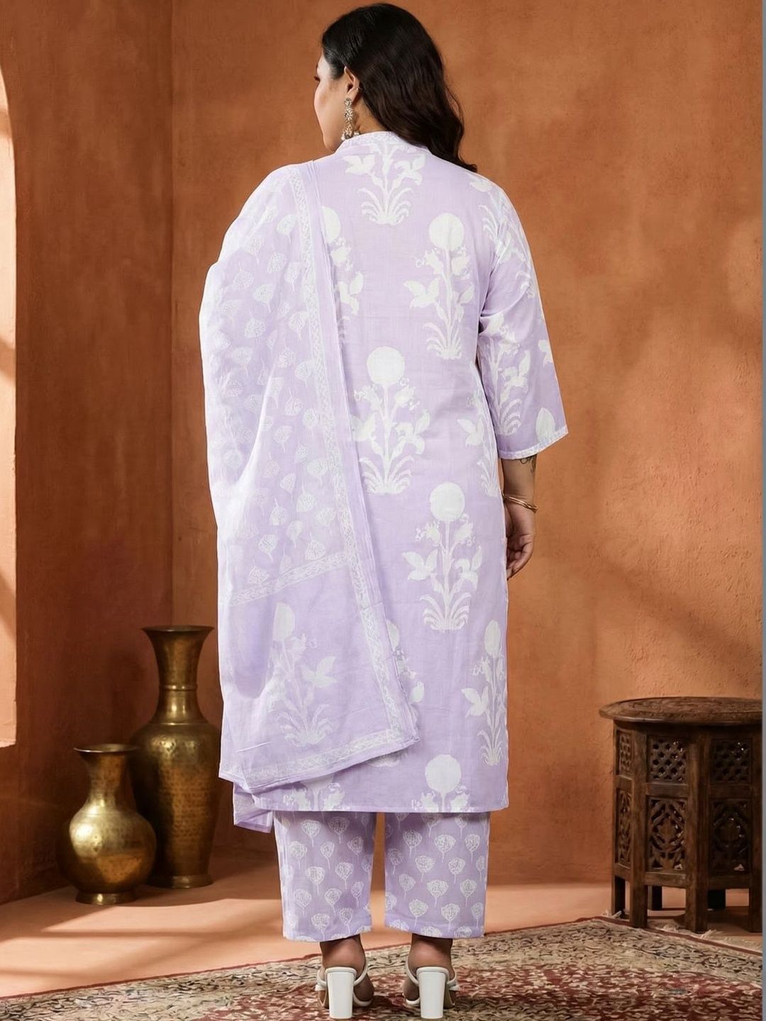 Indyancart Women's Floral Printed Regular Patchwork Pure Cotton Kurta with Trousers & Dupatta