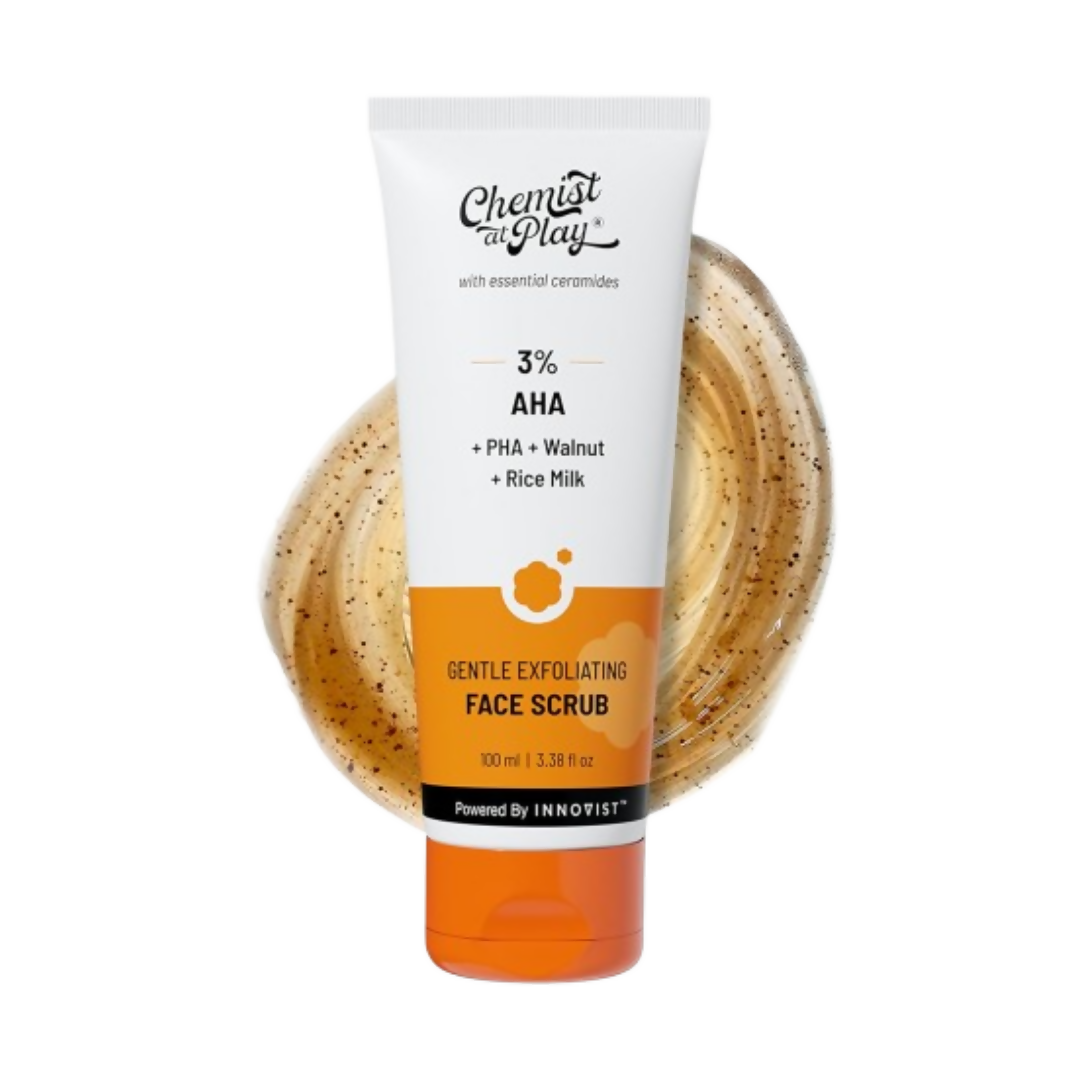 Chemist At Play gentle exfoliating face scrub with mandelic acid and walnuts, showing the product container and ingredients on a white background.