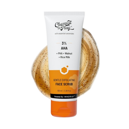 Chemist At Play gentle exfoliating face scrub with mandelic acid and walnuts, showing the product container and ingredients on a white background.