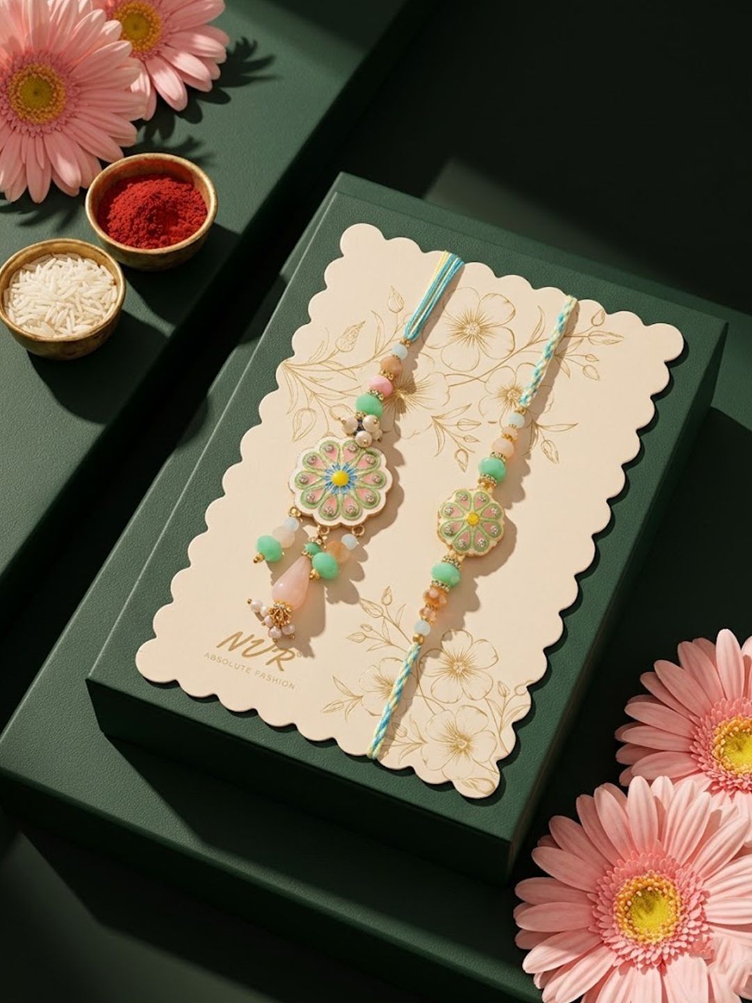 Anouk Set Of 2 Round Artificial Beads Traditional Bhaiya Bhabhi Rakhi With Roli Chawal