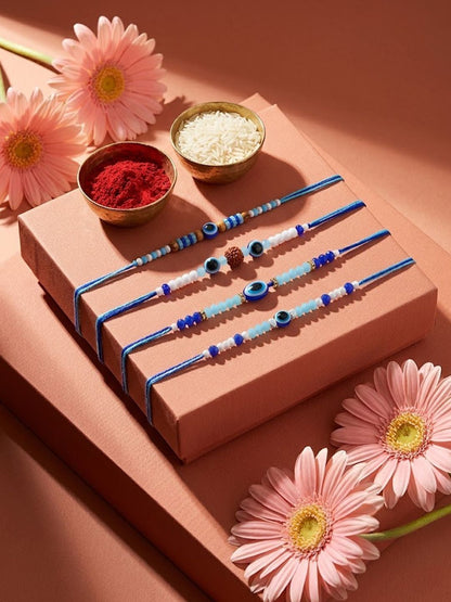 Anouk Set Of 4 Blue Evil Eye Thread Rakhi With Roli Chawal Chandan Mishri