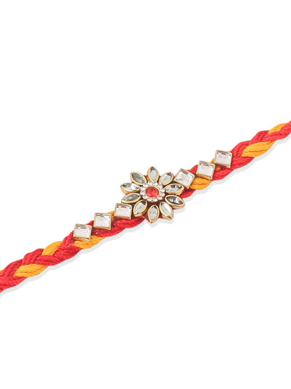 Anouk Men Set Of 6 Red & Yellow Kundan Studded Floral Design Thread Rakhi With Roli Chawal