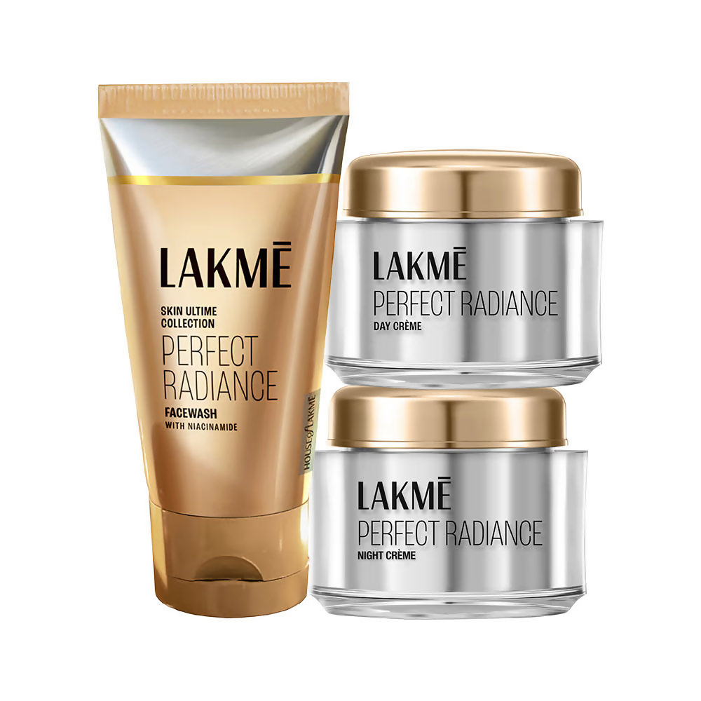 Lakme Absolute Day-N-Night Luminance Kit with face wash, day cream, and night cream in sleek containers, ideal for glowing skin.
