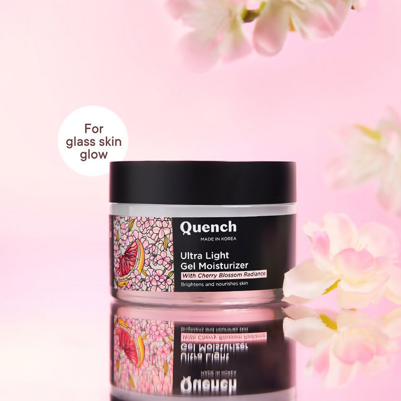Quench Ultra Light Gel Moisturizer with cherry blossom and niacinamide for brightening, shown in a sleek face moisturizer jar.