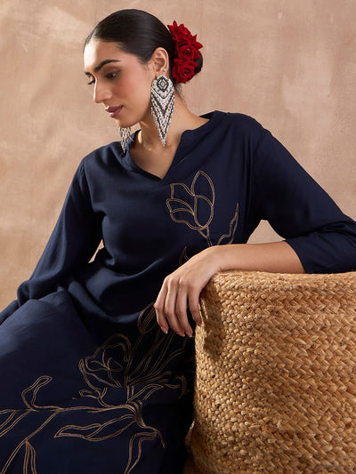 Indyancart IE Embroidered Mandarin Collar Tunic With Trousers