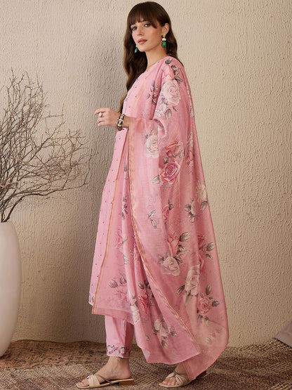 Women Floral Embroidered Regular Thread Work Linen Kurta with Trousers & With Dupatta