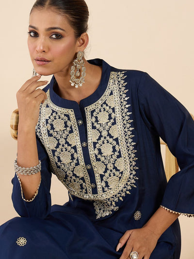 Indyancart IE Women Ethnic Motifs Embroidered Regular Kurta with Trousers