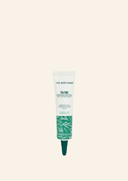 The Body Shop Tea Tree Rapid Action Gel for face, clear gel with tea tree oil for blemish treatment, in a small tube.
