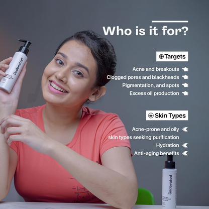 Underated purifying acne-free gel face wash in a clear tube with green accents, designed for deep cleansing and skin clarity.
