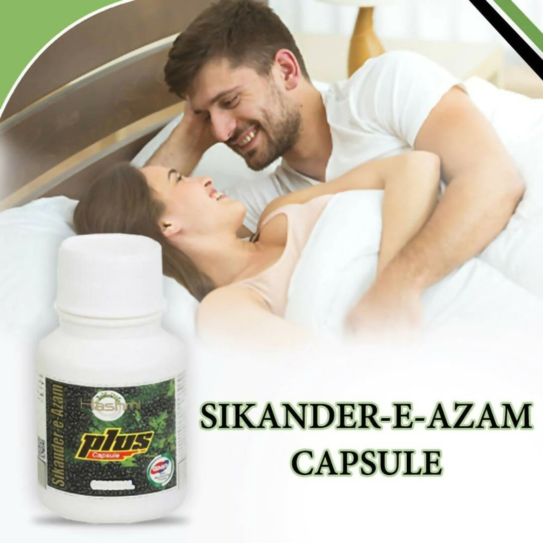 Hashmi Sikander-E-Azam Plus Ayurvedic capsules in a bottle, designed to support men's wellness and vitality.