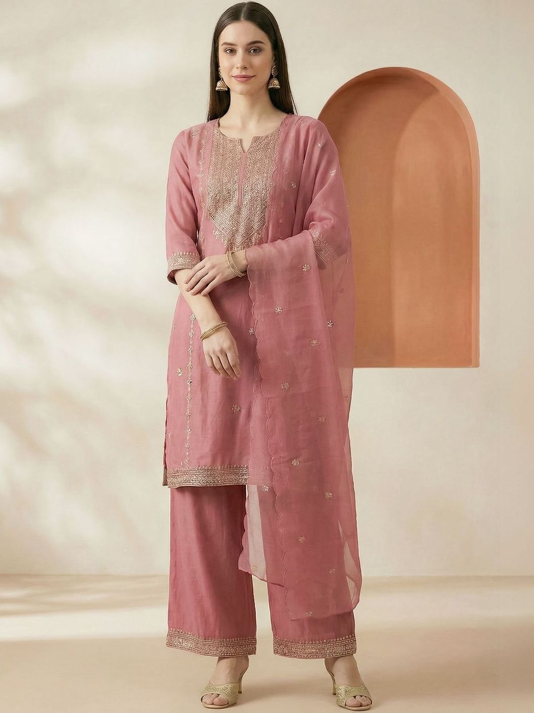 Indyancart IE Women Ethnic Motifs Embroidered Regular Thread Work Kurta with Palazzos & With Dupatta