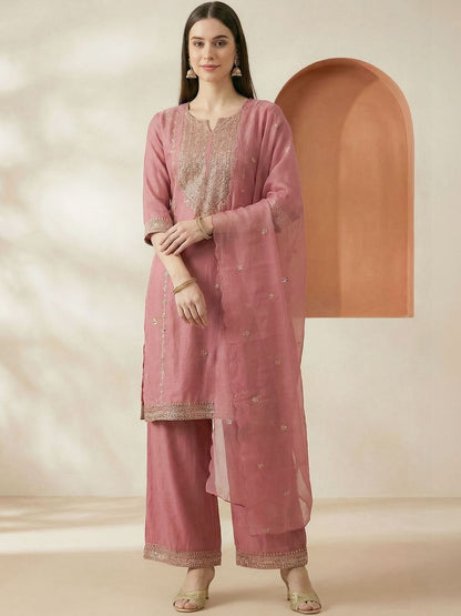 Indyancart IE Women Ethnic Motifs Embroidered Regular Thread Work Kurta with Palazzos & With Dupatta
