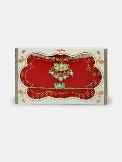Anouk Unisex Set Of 2 Green Lotus Shape Kundan-Studded & Beaded Wraparound Rakhi Set