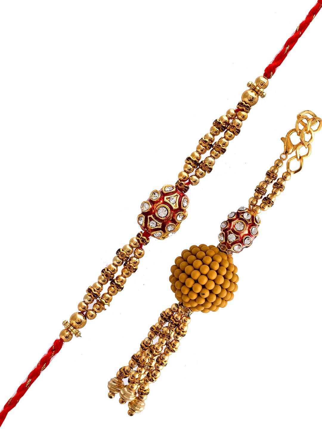 Anouk Gold-Toned Rudraksha Beaded Bhaiya Bhabhi Rakhi With Roli Chawal & Greeting Card