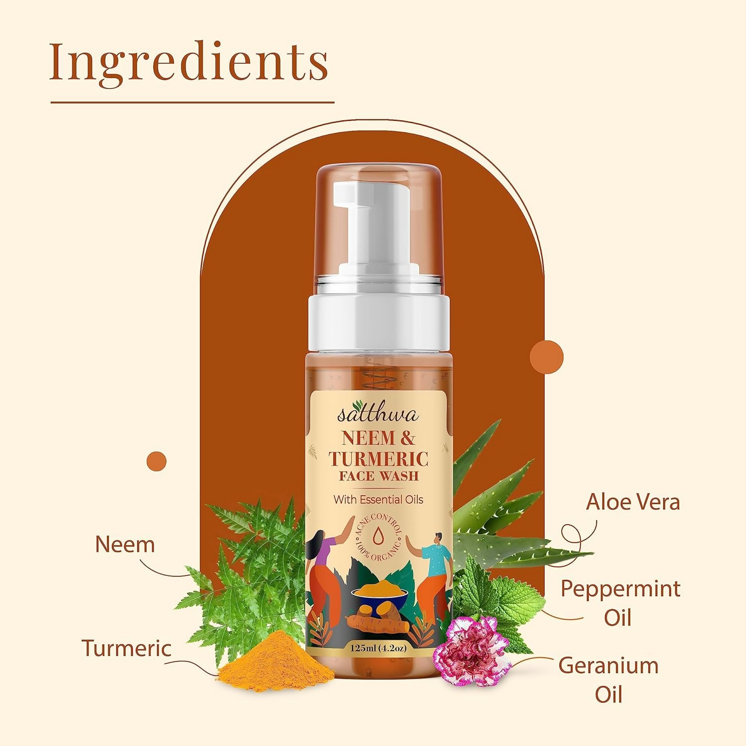Satthwa Neem and Turmeric face wash serum for acne and pimples, featuring natural ingredients in a clear bottle with a pump dispenser.