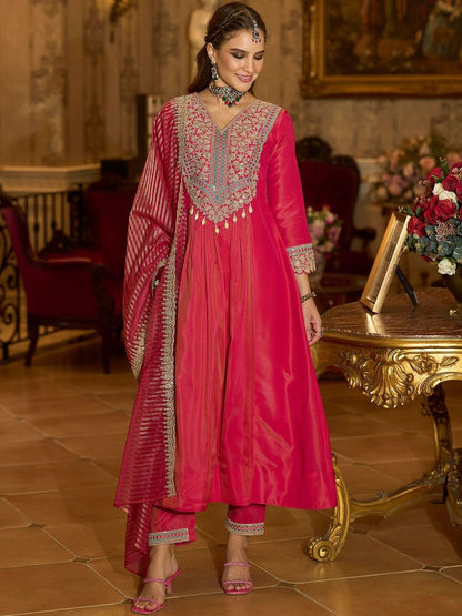 Floral Embroidered V-Neck A-Line Kurta With Trousers & Dupatta