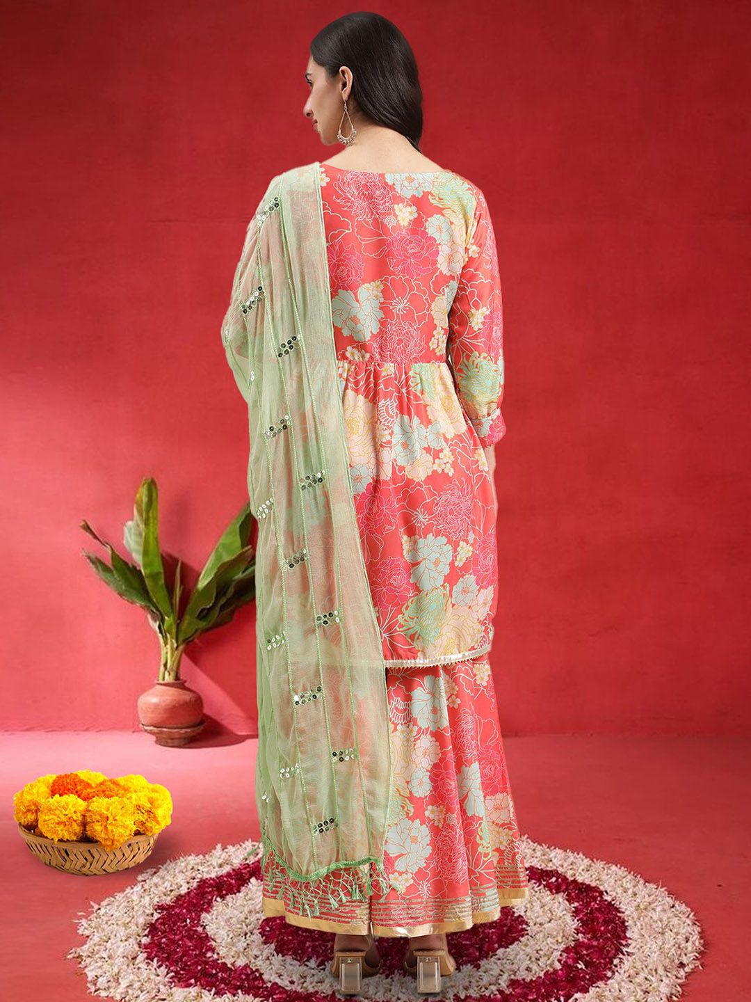 Indyancart VA Women Floral Printed Empire Mirror Work Kurta With Sharara & Dupatta