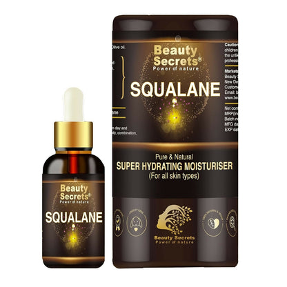 Beauty Secrets Certified Organic Squalane Oil for face, showing a dropper bottle with clear Squalane oil in a skincare setting.