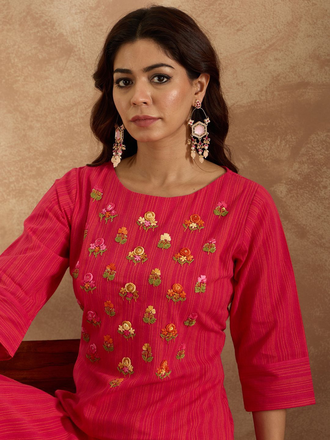 Dhiyona IE Women Floral Embroidered Regular Thread Work Pure Cotton Kurta with Trousers