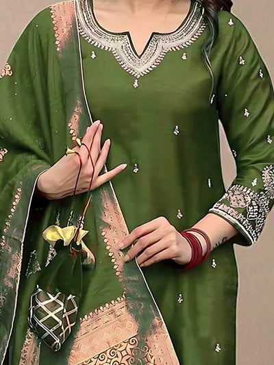 Indyancart SN Women's Floral Embroidered Sequinned Straight Kurta with Pyjama & Dupatta