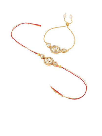 Anouk Set Of 2 Gold Toned Kundan Bhaiya Bhabhi Rakhi With Roli Chawal Chandan Mishri