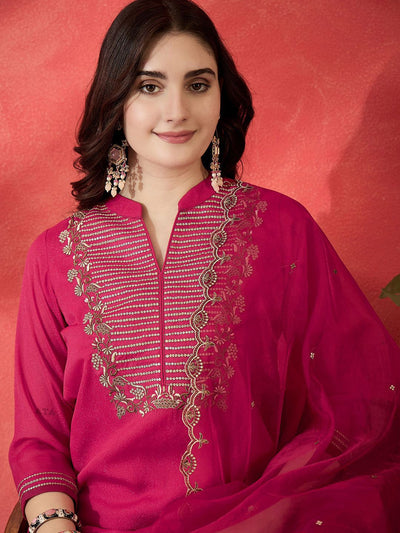 Indyancart SN Women's Floral Embroidered Mandarin Collar Sequinned Straight Kurta Trousers & Dupatta