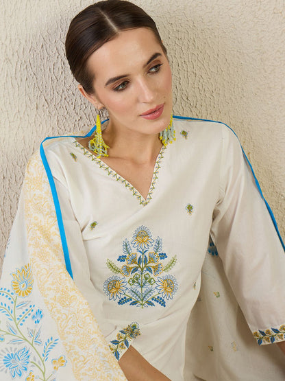 Women Floral Embroidered Cotton Kurta with Trousers & Dupatta
