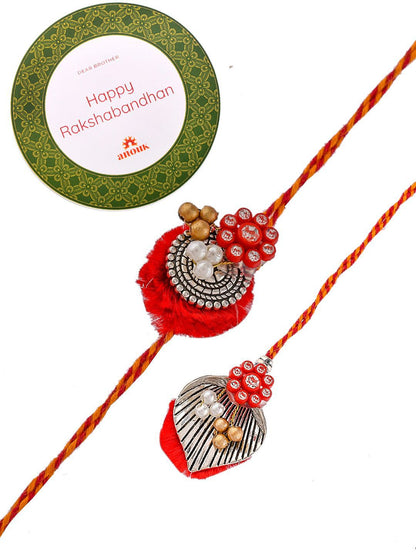 Anouk Red Beaded Bhaiya Bhabhi Rakhi With Roli Chawal & Greeting Card